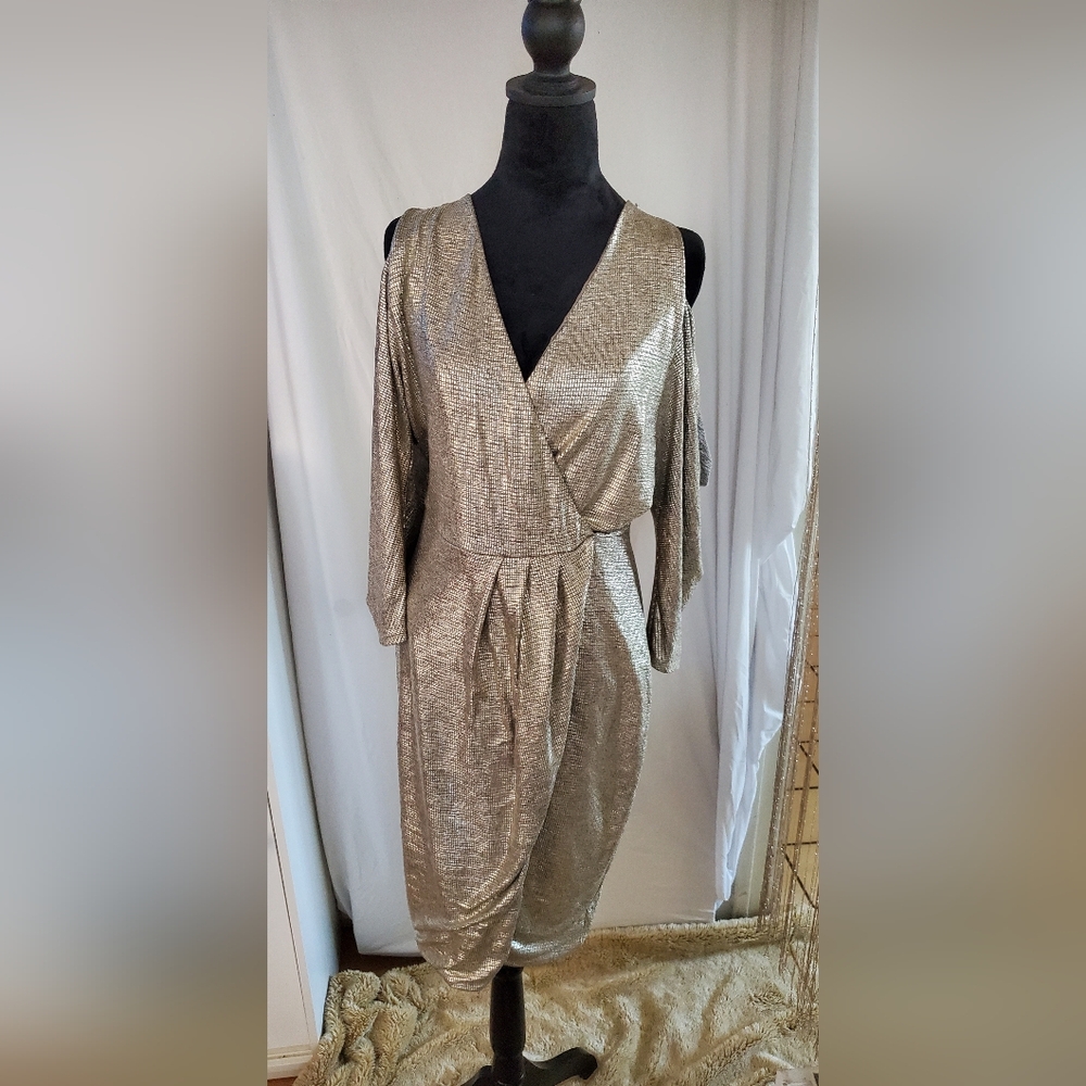 Rachael Roy Gold Long Sleeve Wrap Dress with Tie Front